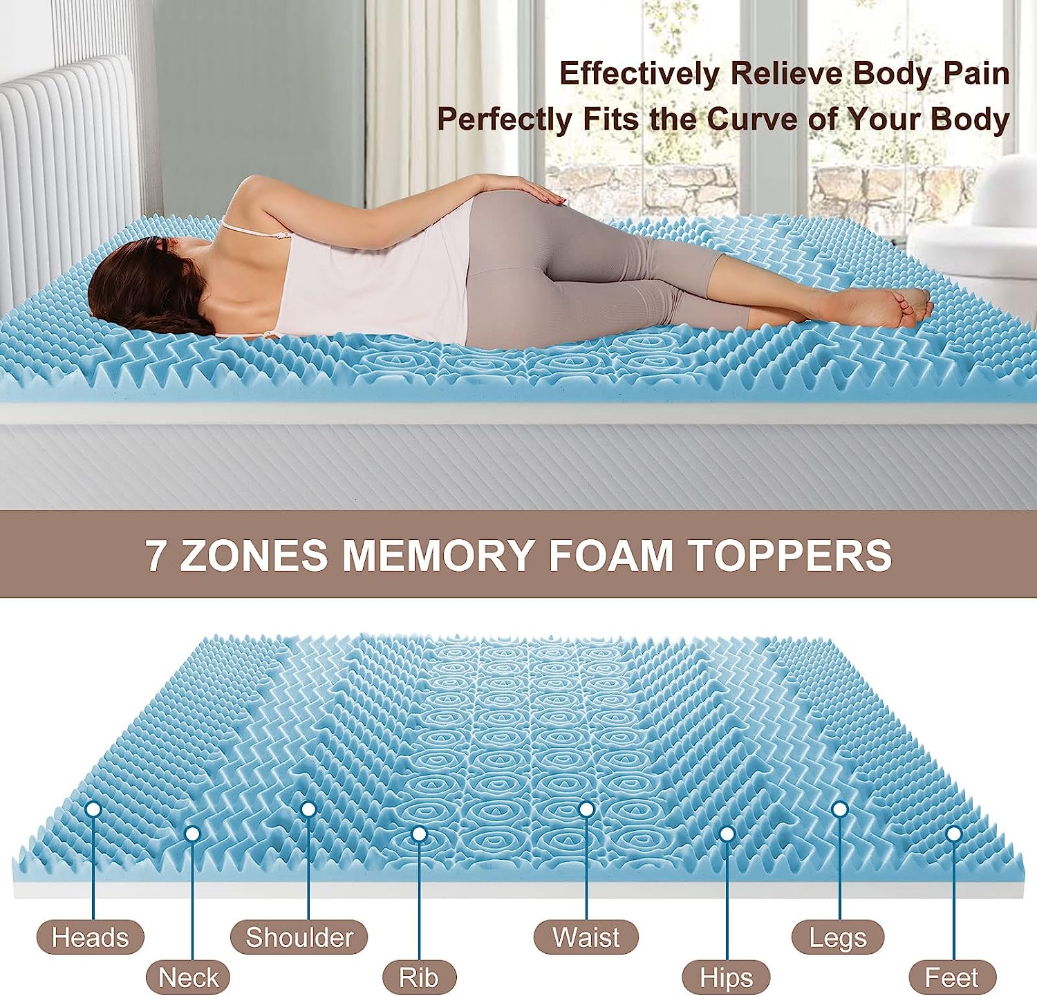 7 Zone Memory Foam Topper Mattress Toppers Cool Gel Pad Mat Medium Firm 8cm Thick 183cm x 203cm - 0