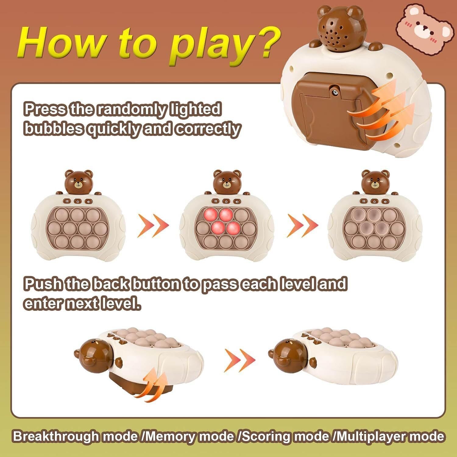 Rechargeable 3 Types Pop Push it Game Controller Sensory Fidget Toy Electronic Whack Mole brown - 0