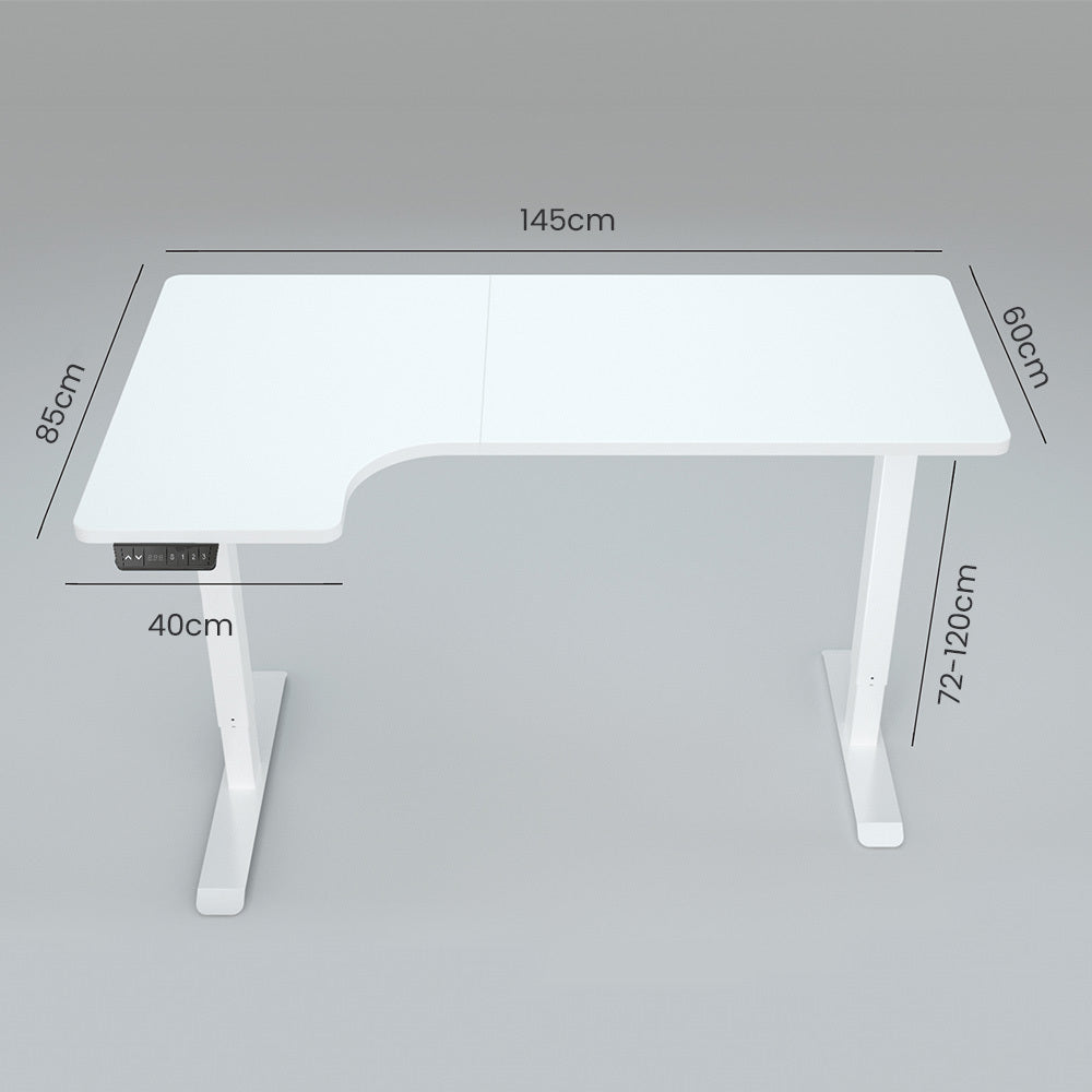 FORTIA 145W x 60D x 85D Dual-Motor 80kg Load Adjustable Sit-Stand Up L-Hand Sided Corner Desk - White/White Frame - 0