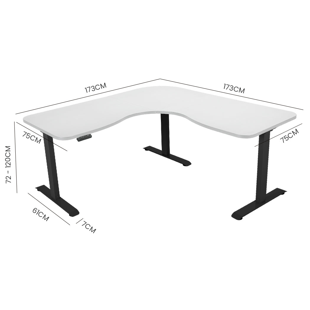 FORTIA 173W x 173W x 75D 3-Motor 120kg Load Adjustable Electric Sit to Stand Up Corner Desk - White/Black Frame - 0