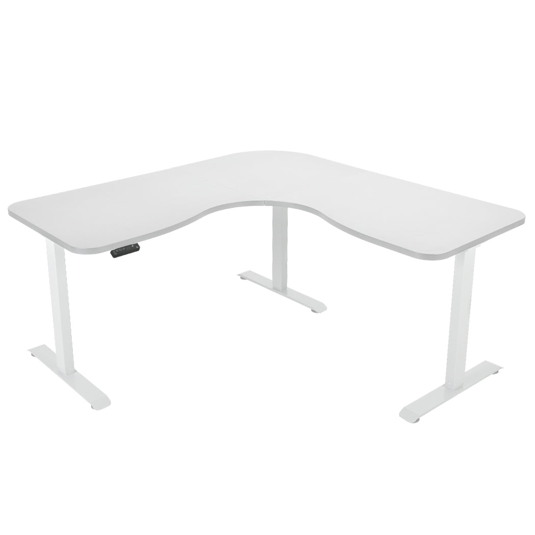 FORTIA 173W x 173W x 75D 3-Motor 120kg Load Adjustable Electric Sit to Stand Up Corner Desk - White/White Frame