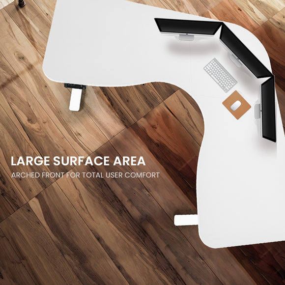 FORTIA 173W x 173W x 75D 3-Motor 120kg Load Adjustable Electric Sit to Stand Up Corner Desk - White/White Frame