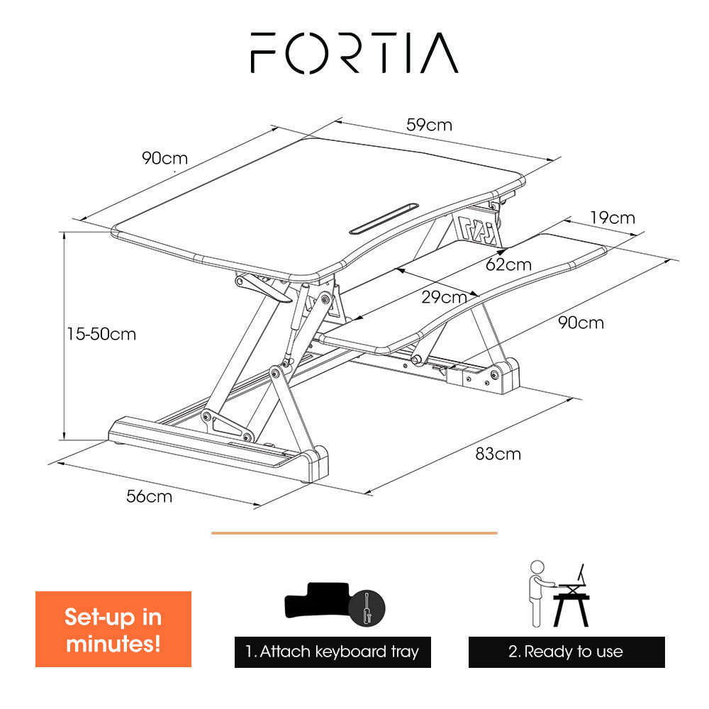 FORTIA Desk Riser 90cm Wide Adjustable Sit to Stand, for Dual Monitor, Keyboard, Laptop, White - 0