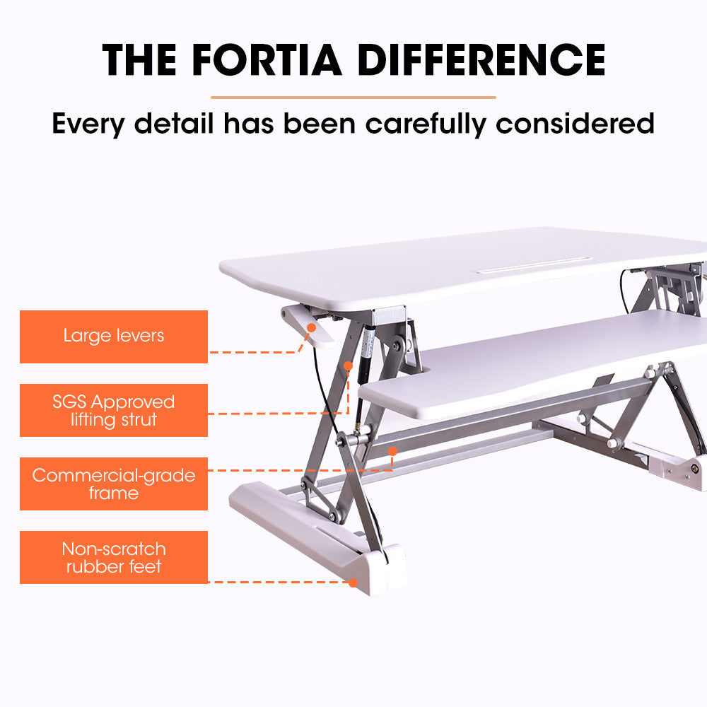 FORTIA Desk Riser 90cm Wide Adjustable Sit to Stand, for Dual Monitor, Keyboard, Laptop, White