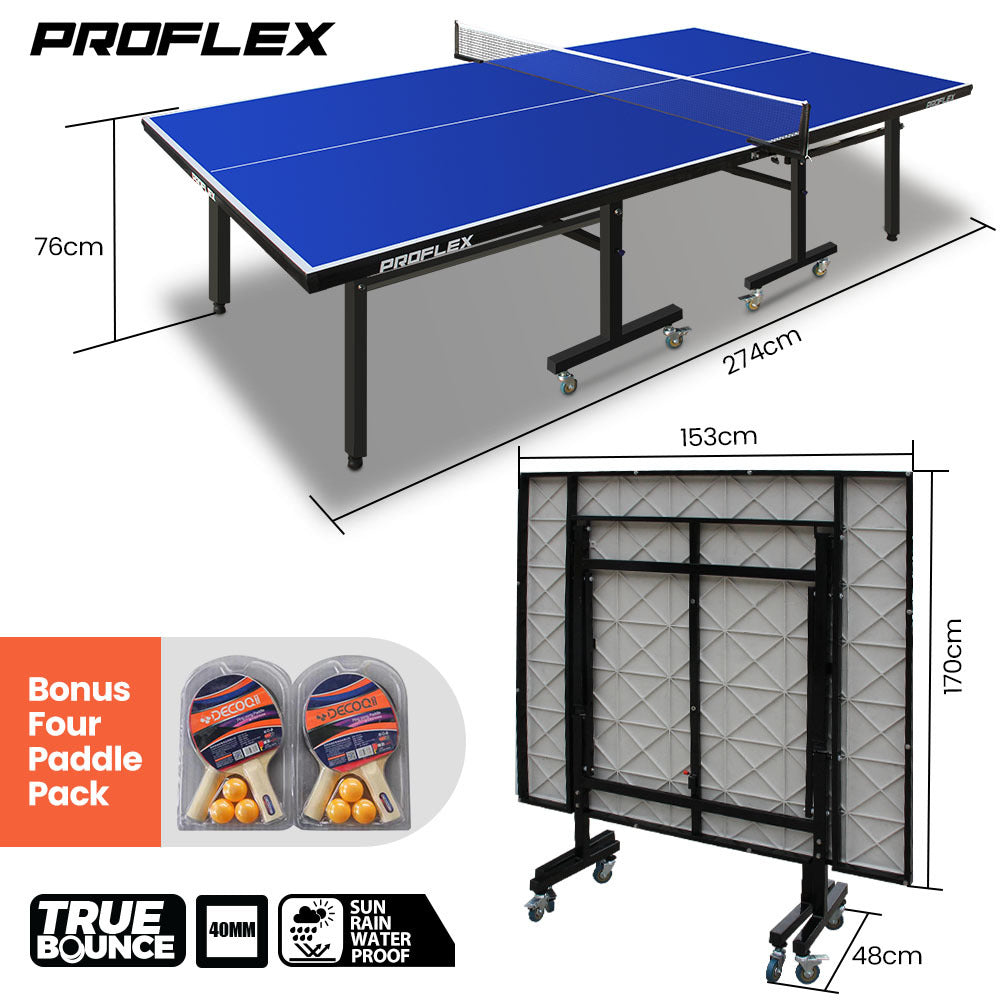 Proflex Premium Outdoor Table Tennis Table, with 4 Player Ping Pong Paddle and Pingpong Ball Pack - 0