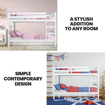 KINGSTON SLUMBER Single Bunk Bed Frame, Solid Pine 2-in-1 Modular Design, White - 0