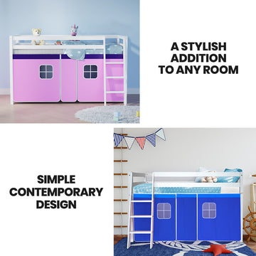 Kingston Slumber Wooden Kids Single Loft Bed Frame - Hiding Space Underneath with Interchangeable Pink and Blue Curtains - 0