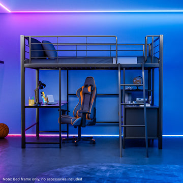 Gaming Loft Bed with Desk and Storage Cabinet, Steel Metal Frame, Space Saving Design, for Single Mattress, Matte Dark Grey - 0