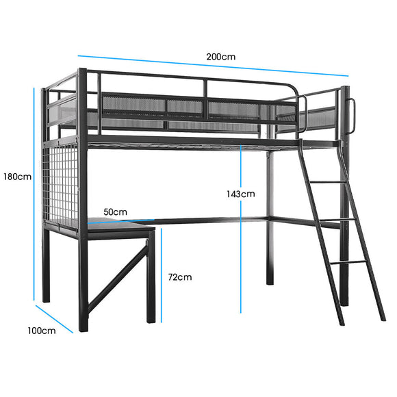 Gaming Loft Bed with Desk, Gridwall, Steel Metal Frame, Space Saving Design, for Single Mattress, Matte Dark Grey