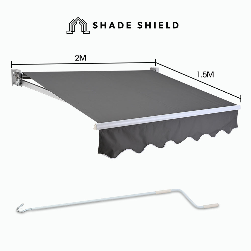 Shade Shield 2 x 1.5M Retractable Grey Folding Arm Awning, Powder Coated 6063 Aluminium, with Hand Crank, for Outdoor Patio - 0