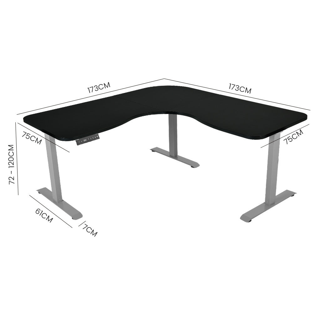 Fortia Corner Standing Desk, 1730W x 1730W x 750D, 3 Motors, 120kg Load, Sit to Stand Up Electric Height Adjustable, Black/Silver Frame - 0