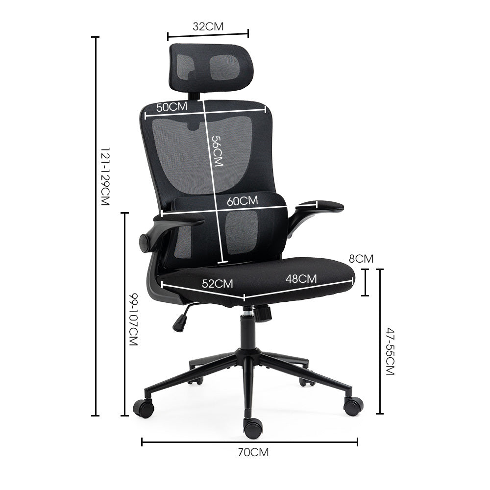 FORTIA Ergonomic Office Desk Chair, Lumbar Support, Mesh Fabric, Adjustable Headrest, Retractable Armrests, Black - 0