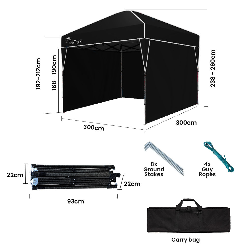 RED TRACK 3x3m Ultra Compact Folding Gazebo, Walls, Carry bag, Portable Outdoor Popup Marquee for Camping Beach, Black - 0