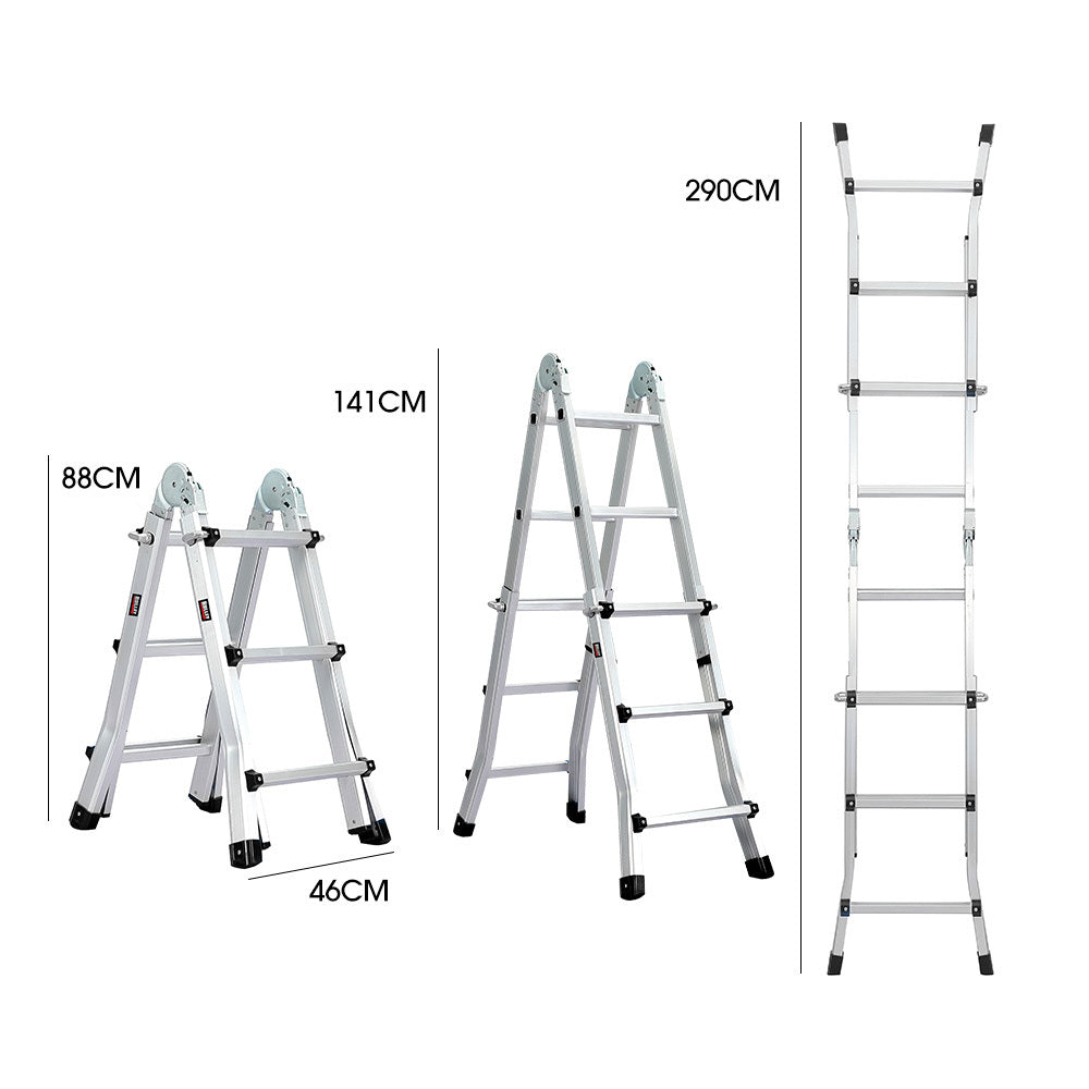 Bullet 2.9m Folding Aluminium Multipurpose Ladder, w/ Workshelf Platform, Spring Assisted Rapid Safety Lock Adjusters - 0