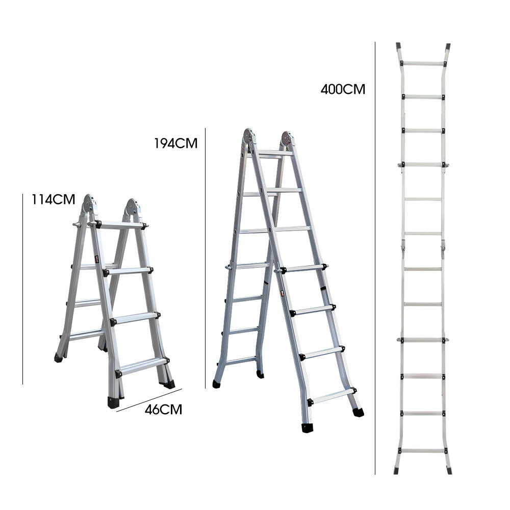 Bullet 4m Folding Aluminium Multipurpose Ladder, w/ Workshelf Platform, Spring Assisted Rapid Safety Lock Adjusters - 0