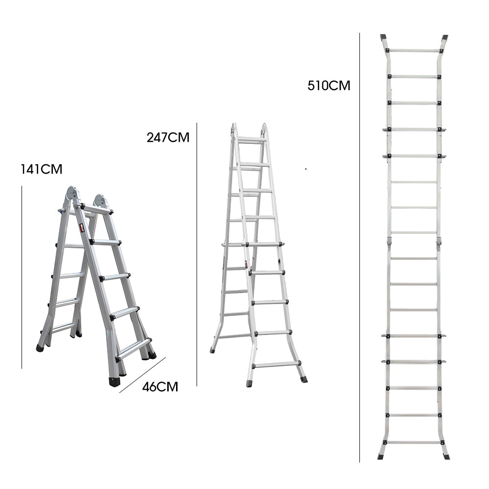 Bullet 5.1m Folding Aluminium Multipurpose Ladder, w/ Workshelf Platform, Spring Assisted Rapid Safety Lock Adjusters - 0