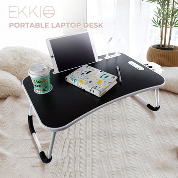 EKKIO Multifunctional Portable Bed Tray Laptop Desk with USB Charge Port (Black) - 0