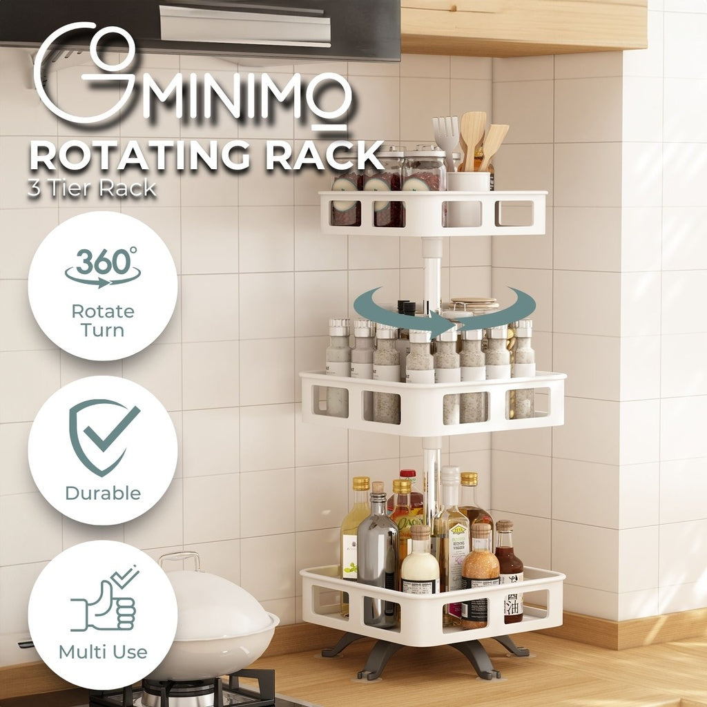 GOMINIMO 3 Tier Rotating Spice Rack Square Shape (White) - 0