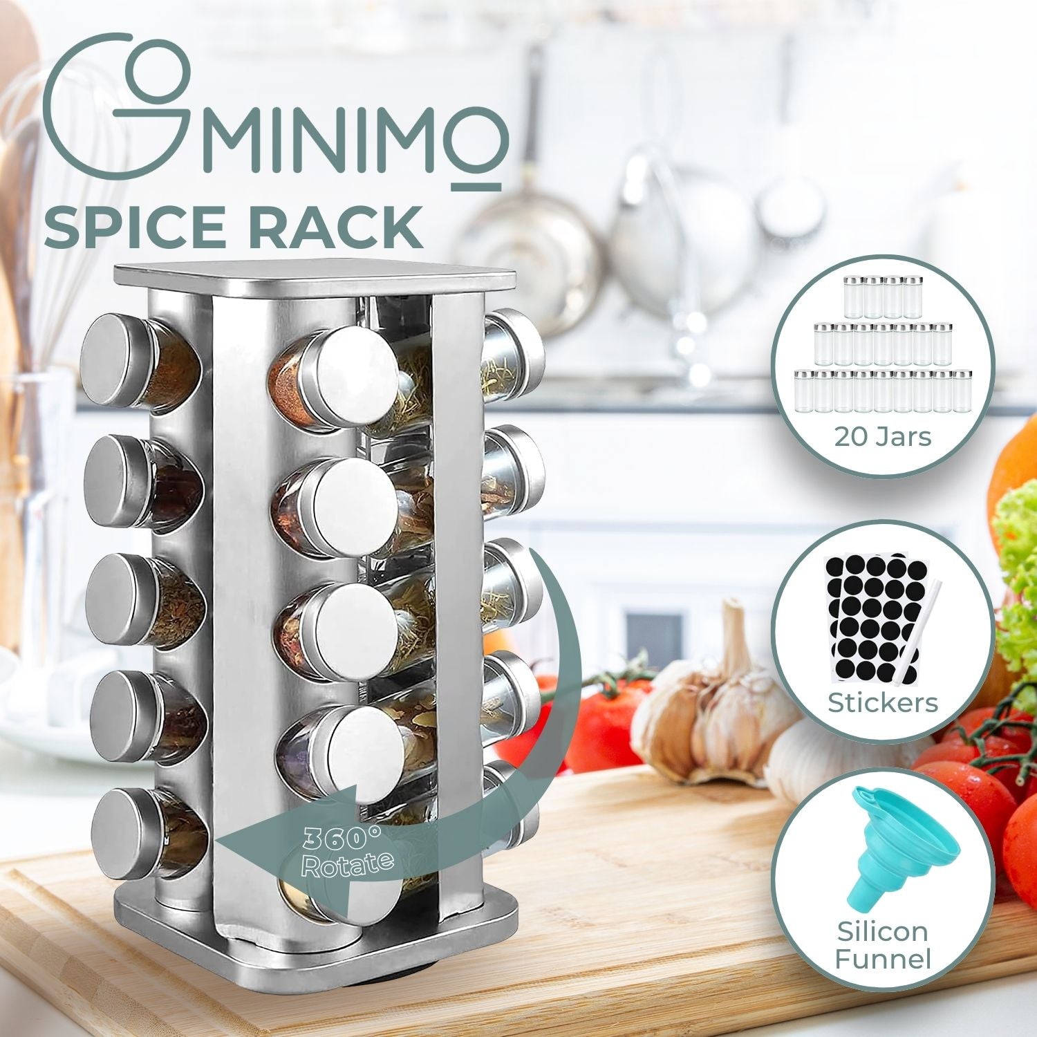 Gominimo Quadrate Rotating Spice Rack Organizer (20 Jars) with Label Sticker and Silicone Funnel - 0