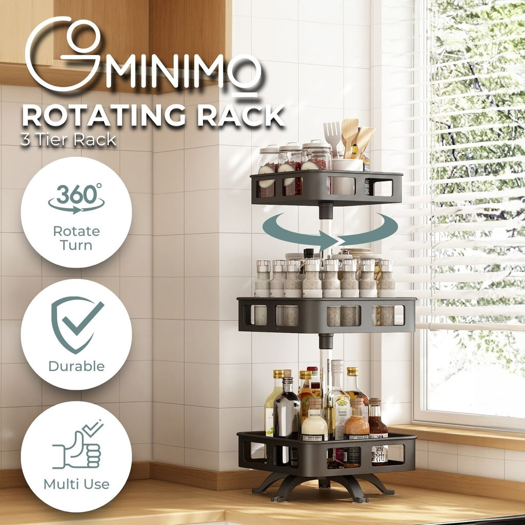 GOMINIMO 3 Tier Rotating Spice Rack Square Shape (Black) - 0