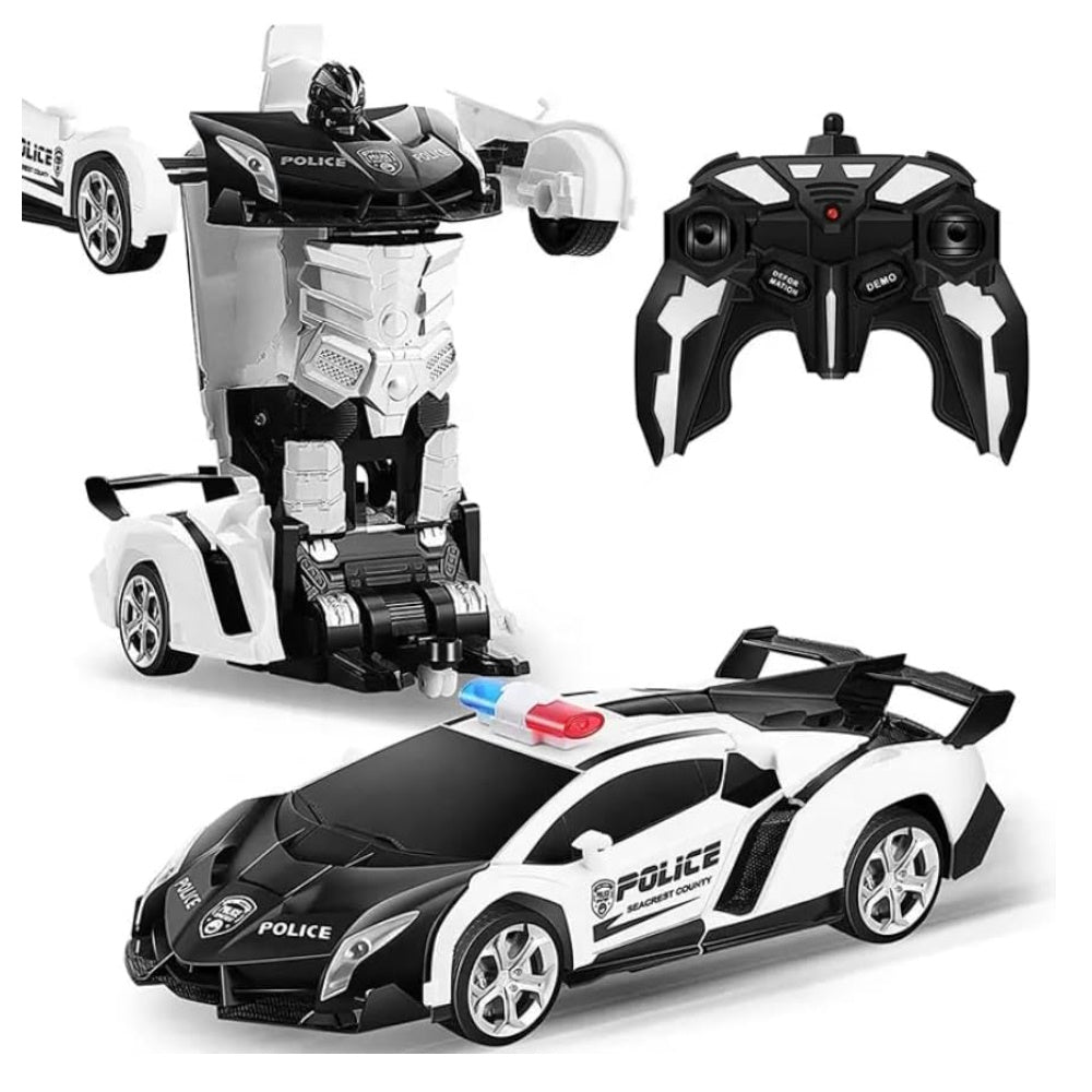 GOMINIMO Transform Car Robot Police Car with Remote Control (White Black) - 0