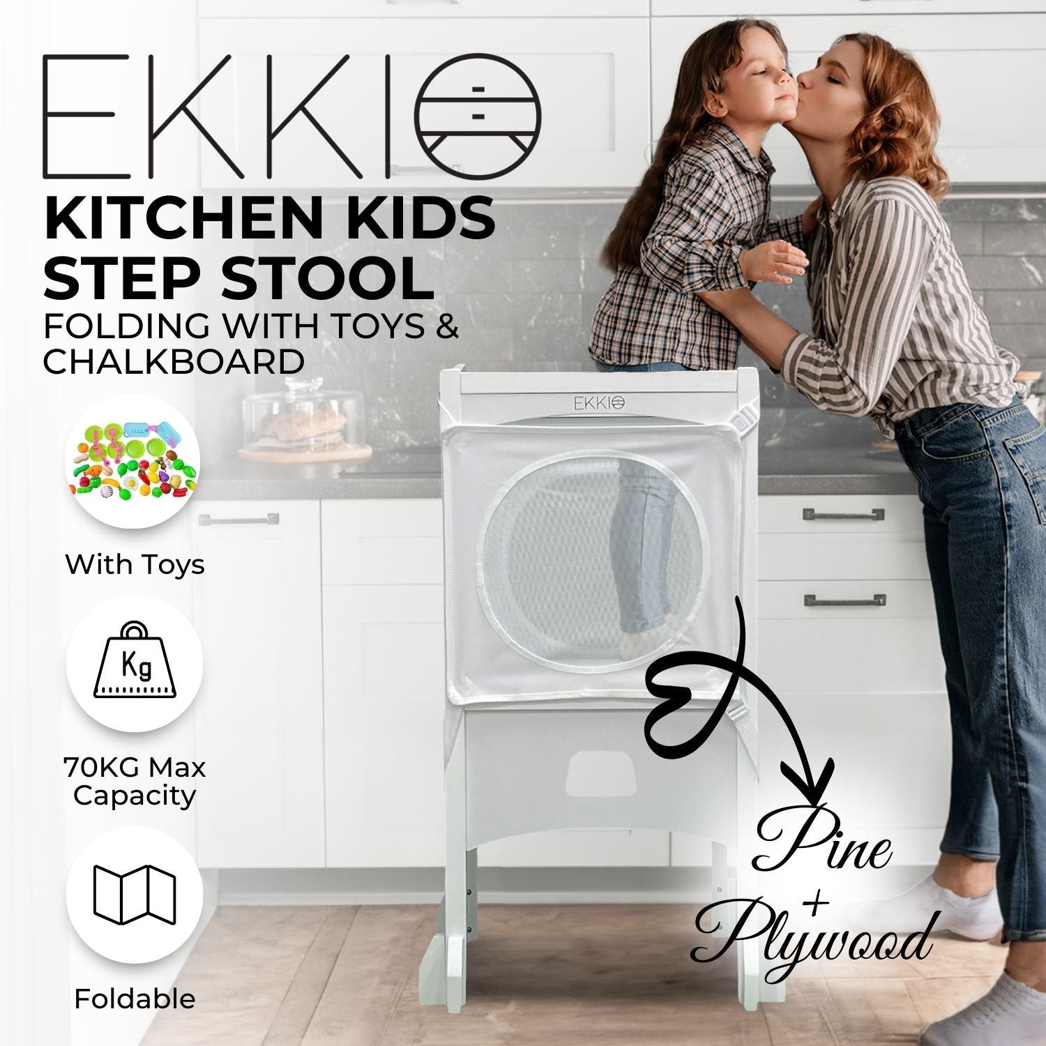EKKIO Folding Kitchen Kids Step Stool with Chalkboard- Saturn, Moon, Square and Star Shape Design (White) - 0