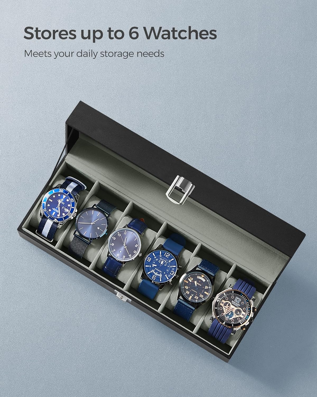 SONGMICS Watch Box for 6 Watches with Glass Lid and Removable Watch Pillows Black Synthetic Leather Grey Lining