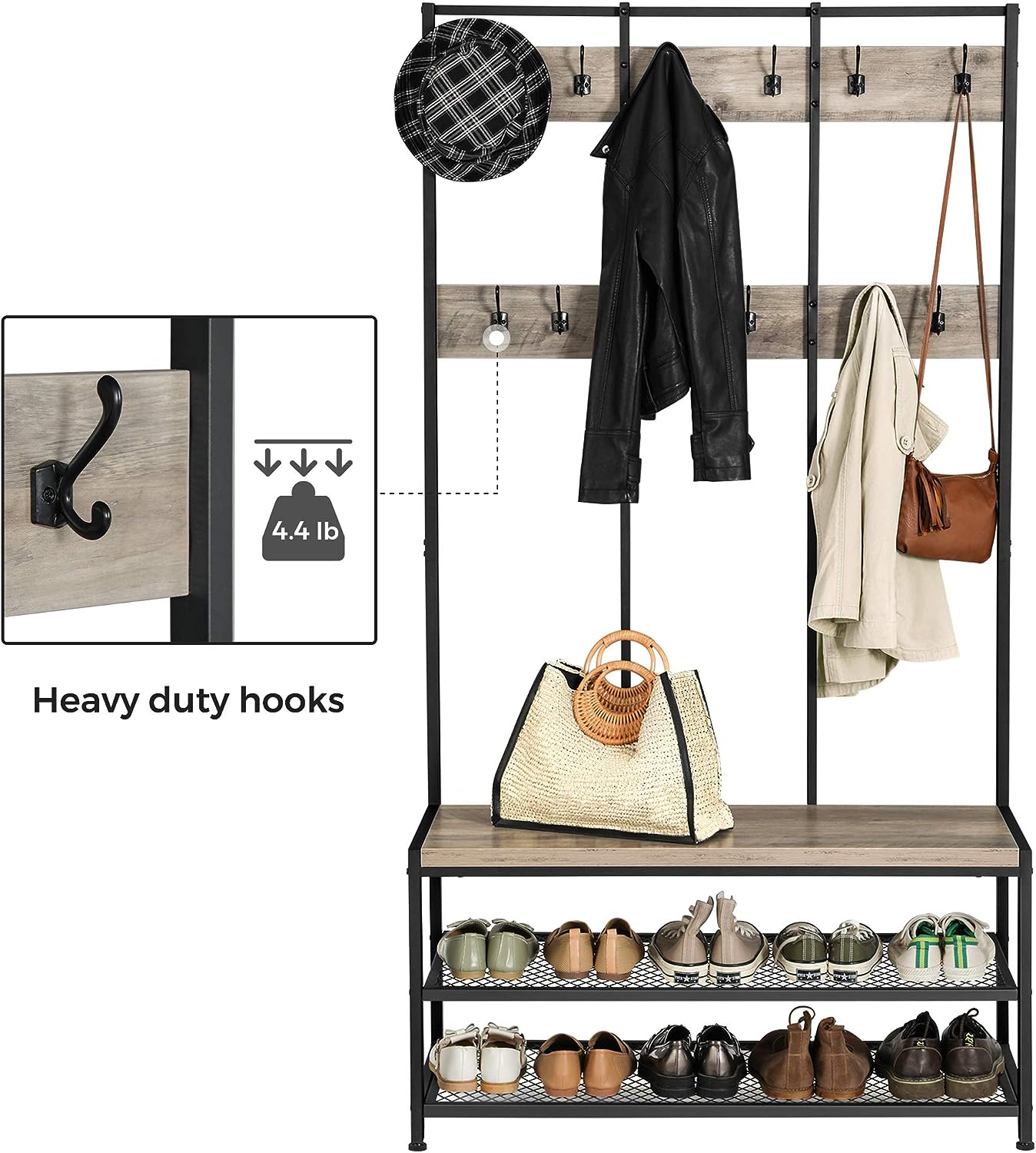 VASAGLE Large Coat Rack Stand with 12 Hooks and Shoe Bench Greige and Black