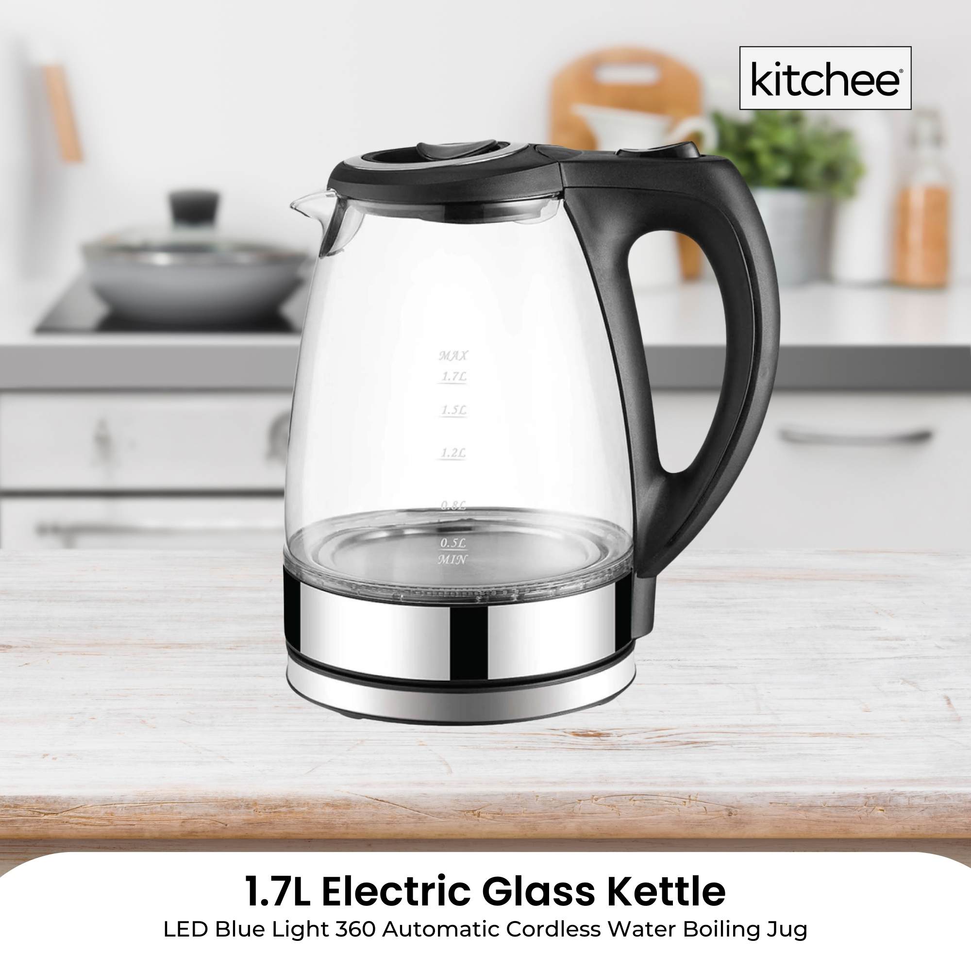 1.7L Electric Glass Kettle LED Blue Light 360 Automatic Cordless Water Boiling Jug - 0