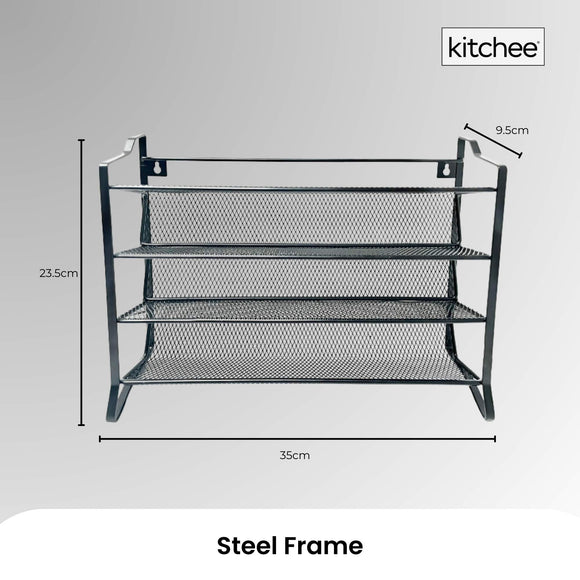4 Tier Metal Spice Rack + 28 Glass Jars - Kitchen Pantry Herb Storage Organiser