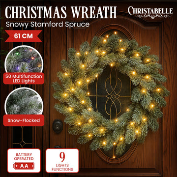 Christabelle 61cm Christmas Wreath Snowy Stamford Spruce with Coloured LED Lights Front Door Decoration Ornament - 0