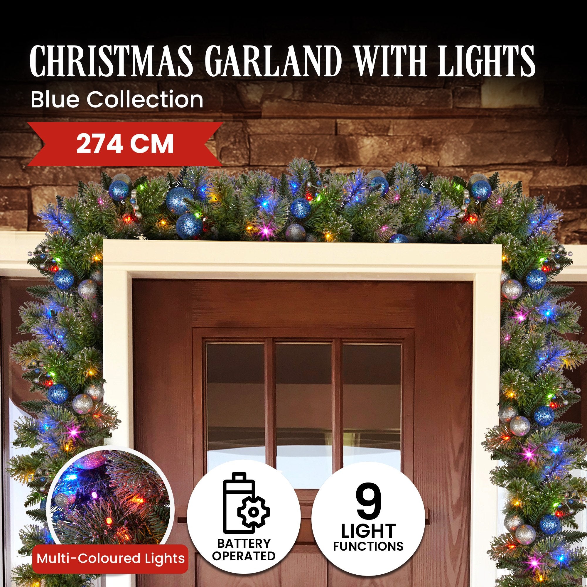 Christabelle 274cm Blue Collection Multicolour Pre-Lit Christmas Garland