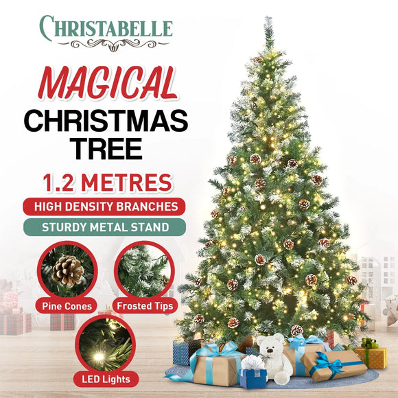 Christabelle 1.2m Pre-Lit LED Artificial Christmas Tree with Snow Tipped Needles Pine Cones Stand