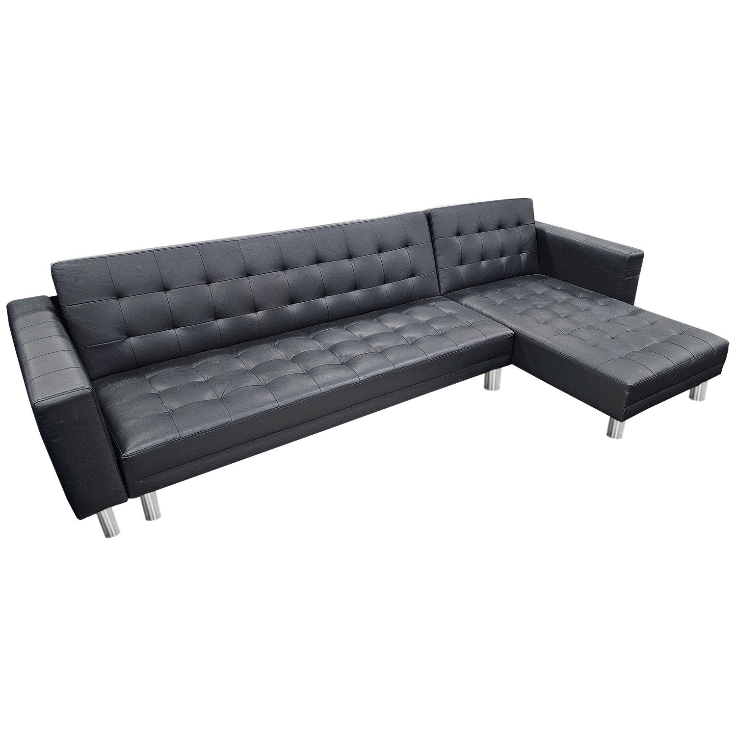 Sarantino Corner Faux Leather Sofa Bed Couch with Chaise - Black - 0