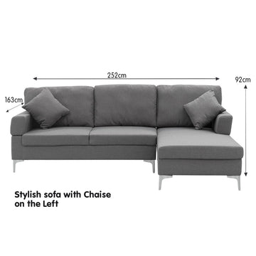 Sarantino 3 Seater Linen Sofa Lounge Left Side Chaise Couch Furniture Dark Grey L-shaped - 0
