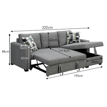 Sarantino Fontana Pullout Sofa Bed with Storage Chaise Lounge - Grey - 0