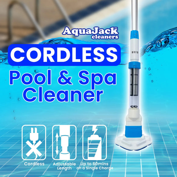 Aquajack Cordless Rechargeable Spa and Pool Vacuum Cleaner with Telescopic Pole & 2 Heads - 60 Min Runtime