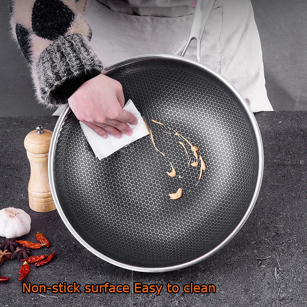 34cm 304 Stainless Steel Non-Stick Stir Fry Cooking Kitchen Honeycomb Wok Pan with Lid - 0