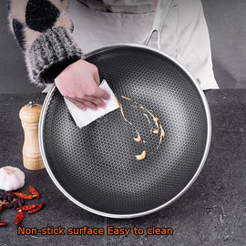 316 Stainless Steel 34cm Non-Stick Stir Fry Cooking Kitchen Wok Pan without Lid Honeycomb Double Sided - 0