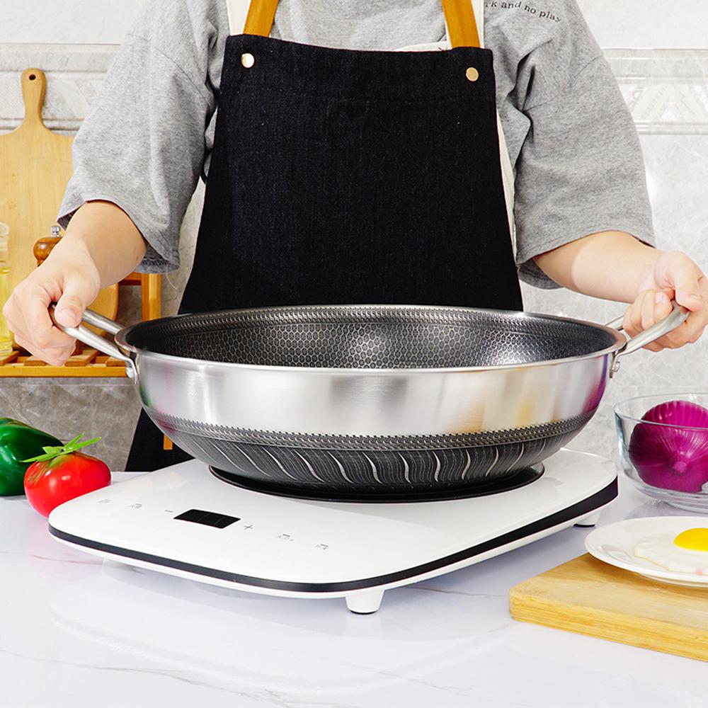 Double Ear 304 Stainless Steel 40cm Non-Stick Stir Fry Cooking Kitchen Wok Pan with Lid Honeycomb Double Sided - 0