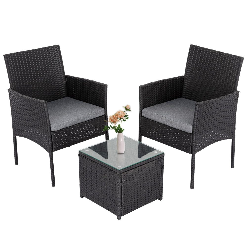 3PC Outdoor Table and Chairs Set-Black - 0