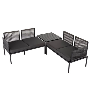 Eden 4-Seater Outdoor Lounge Set with Coffee Table in Black-Stylish Textile and Rope Design - 0