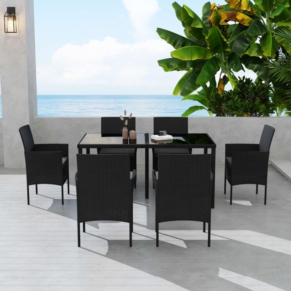 Outdoor Minimalist Black Wicker 6-Seater Dining Set - 0