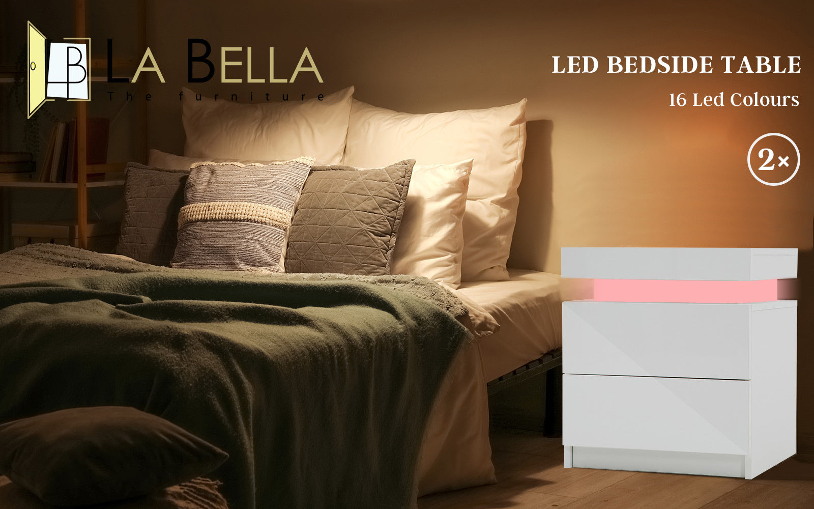 2X Bedside Table 2 Drawers RGB LED Bedroom Cabinet Nightstand Gloss AURORA WHITE - 0