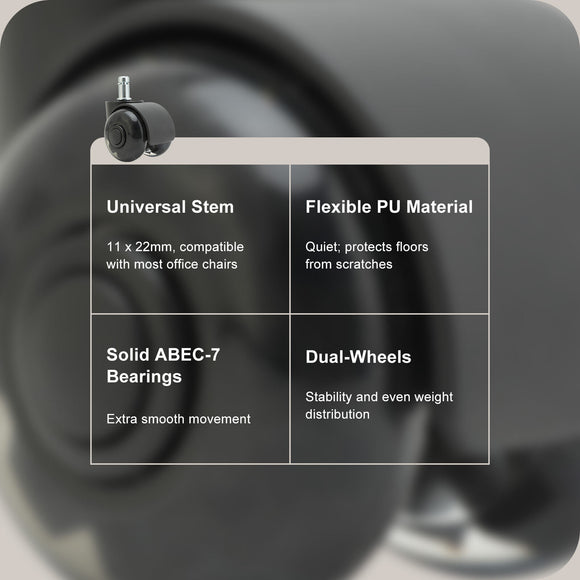 5X 2'' Twin Wheel Office Chair Casters - Slient Smooth, 11x22mm Stem