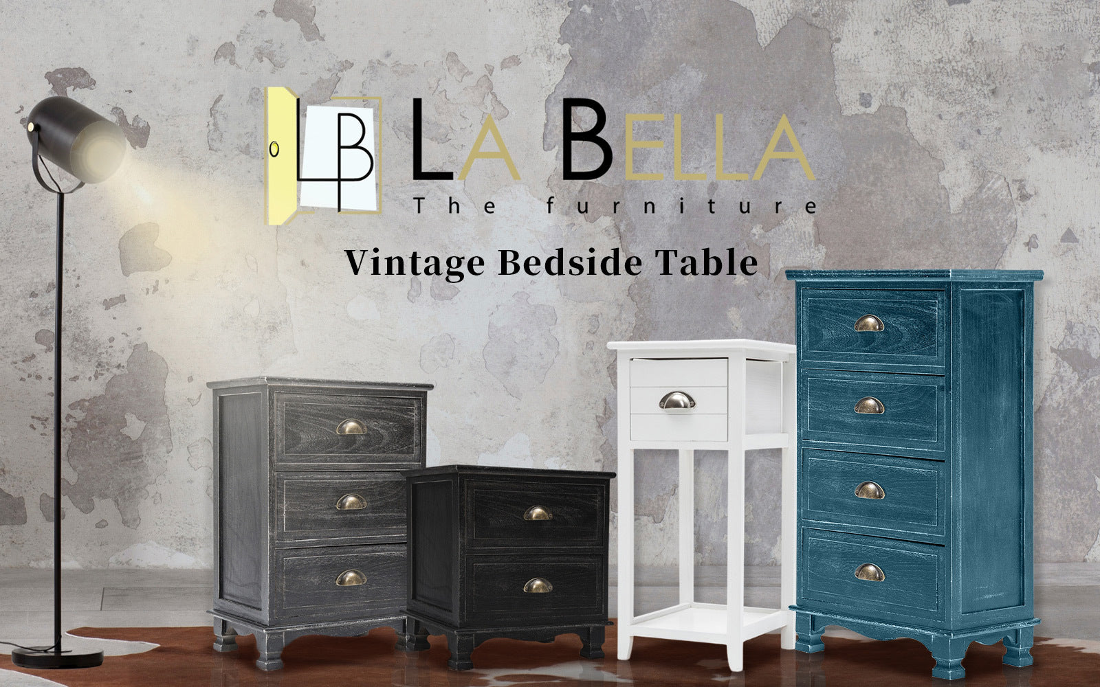 2X Bedside Table 4 Drawer Vintage Side Table Storage Cabinet Bedroom ADELINE BLUE