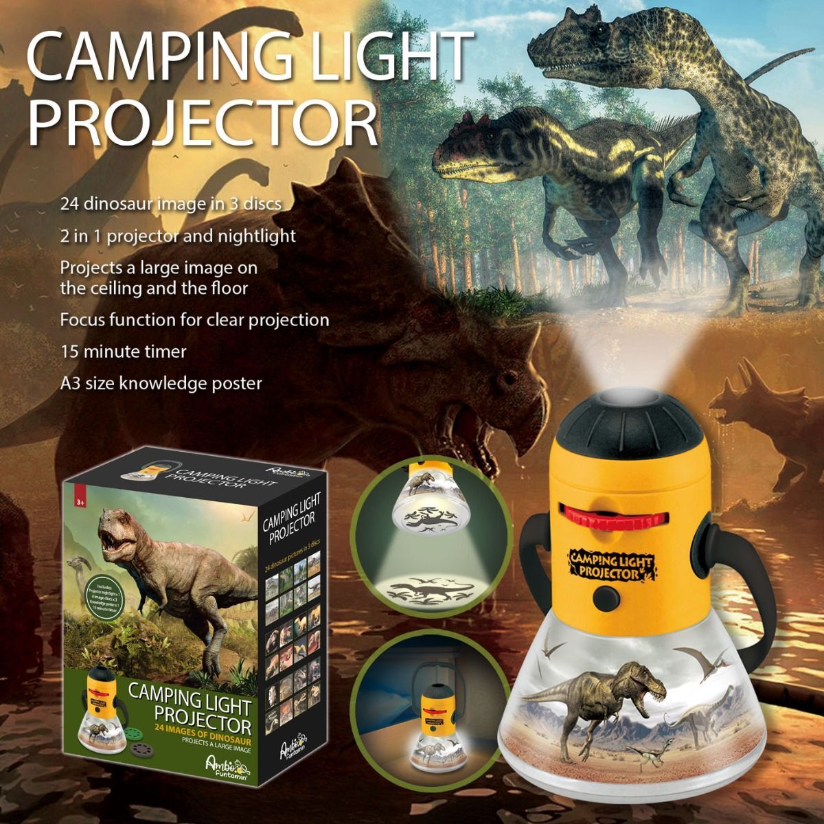 Dinosaur Mini Night Light Camping Projector - Lantern Torch Kids Learning Toy - 0