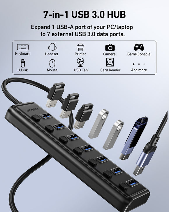 BENFEI 000425BK USB3.0 to 7 Port USB3.0 HUB (Black)