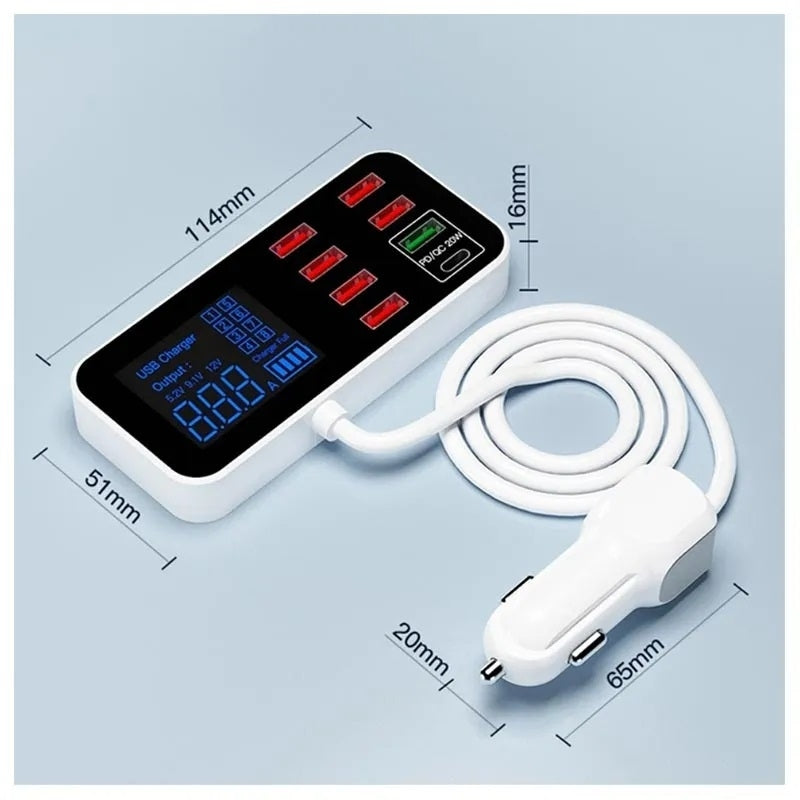 8-Port PD+QC3.0 Car Charger with LED Display