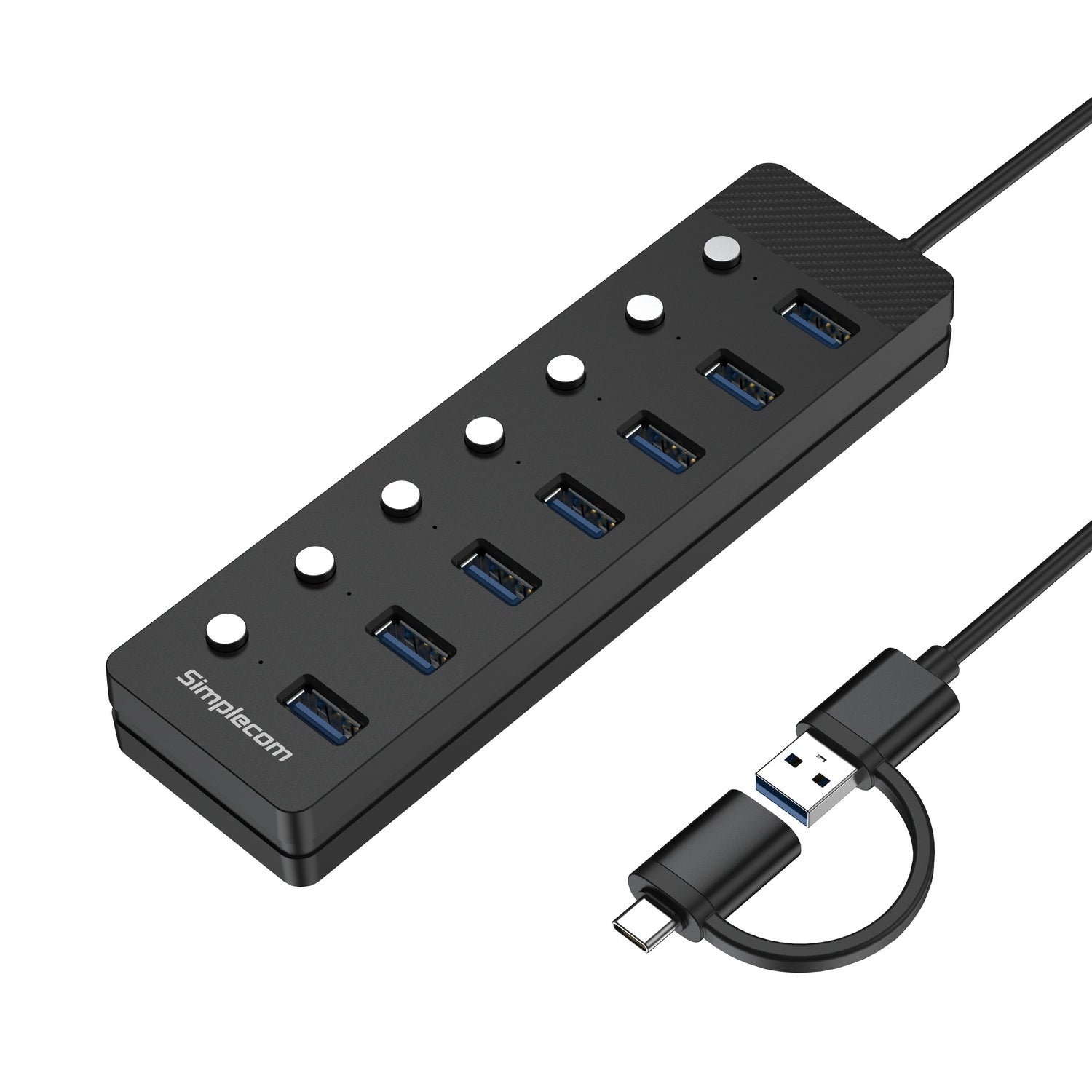 Simplecom CH375C USB-A and USB-C to 7-Port USB 3.0 Hub 5Gbps Individual Switches and Power Adapter - 0